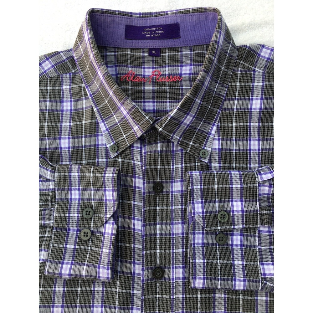 Alan Flusser Men's XL Purple Gray Check‎ Button-Down Dress Shirt Long Sleeve